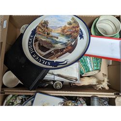 Cut glass salt with hallmarked silver collar, Wedgwood Jasperware biscuit barrel, Beswick stag and character jug and a collection of other ceramics and collectables, in two boxes 