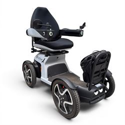 TGA Scoozy - mobility scooter, four wheel model with joystick controls, front storage bag, lights and grey and black bodywork.
