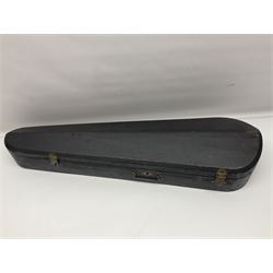 German violin c1890 with 36cm two-piece maple back and ribs and spruce top; bears label 'Antonius Stradivarius Cremona Faciebat Anno 1729' L59.5cm overall; in ebonised wooden 'coffin' case; and two German violins c1890 for completion - one bearing a Stradivarius label, the other a Ruggeri label; both in carrying cases (3)