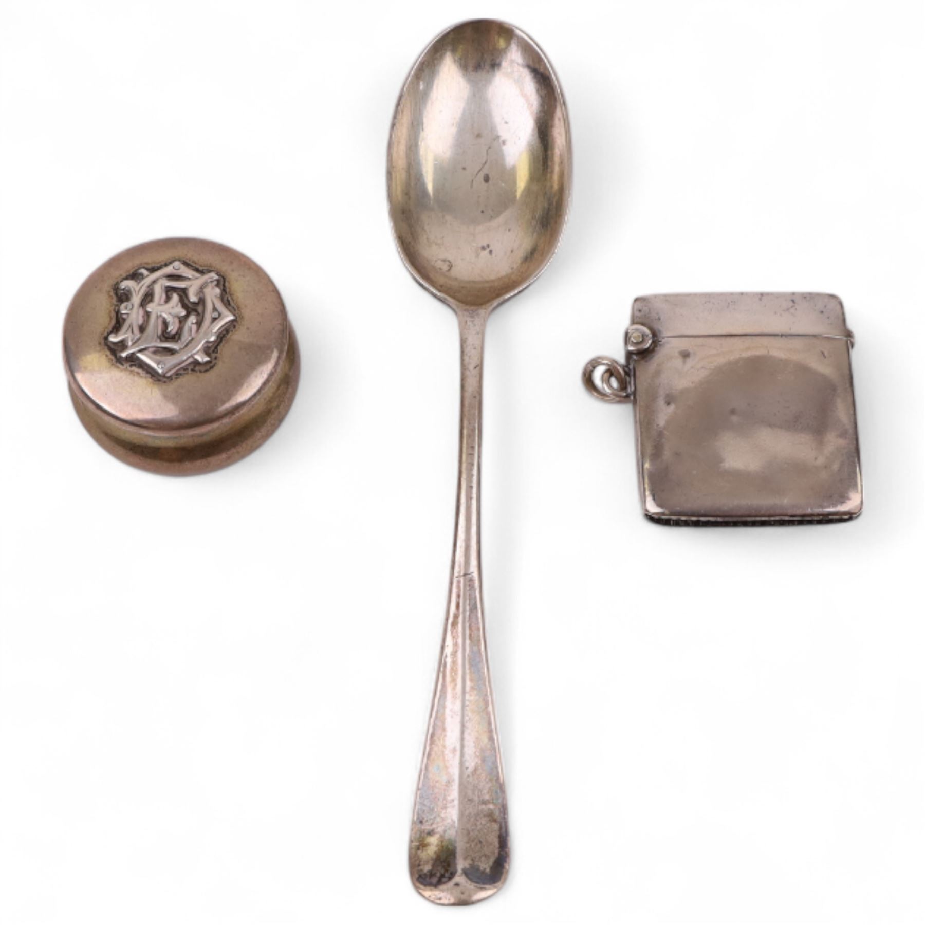 Silver vesta case, pill box and spoon, all hallmarked 