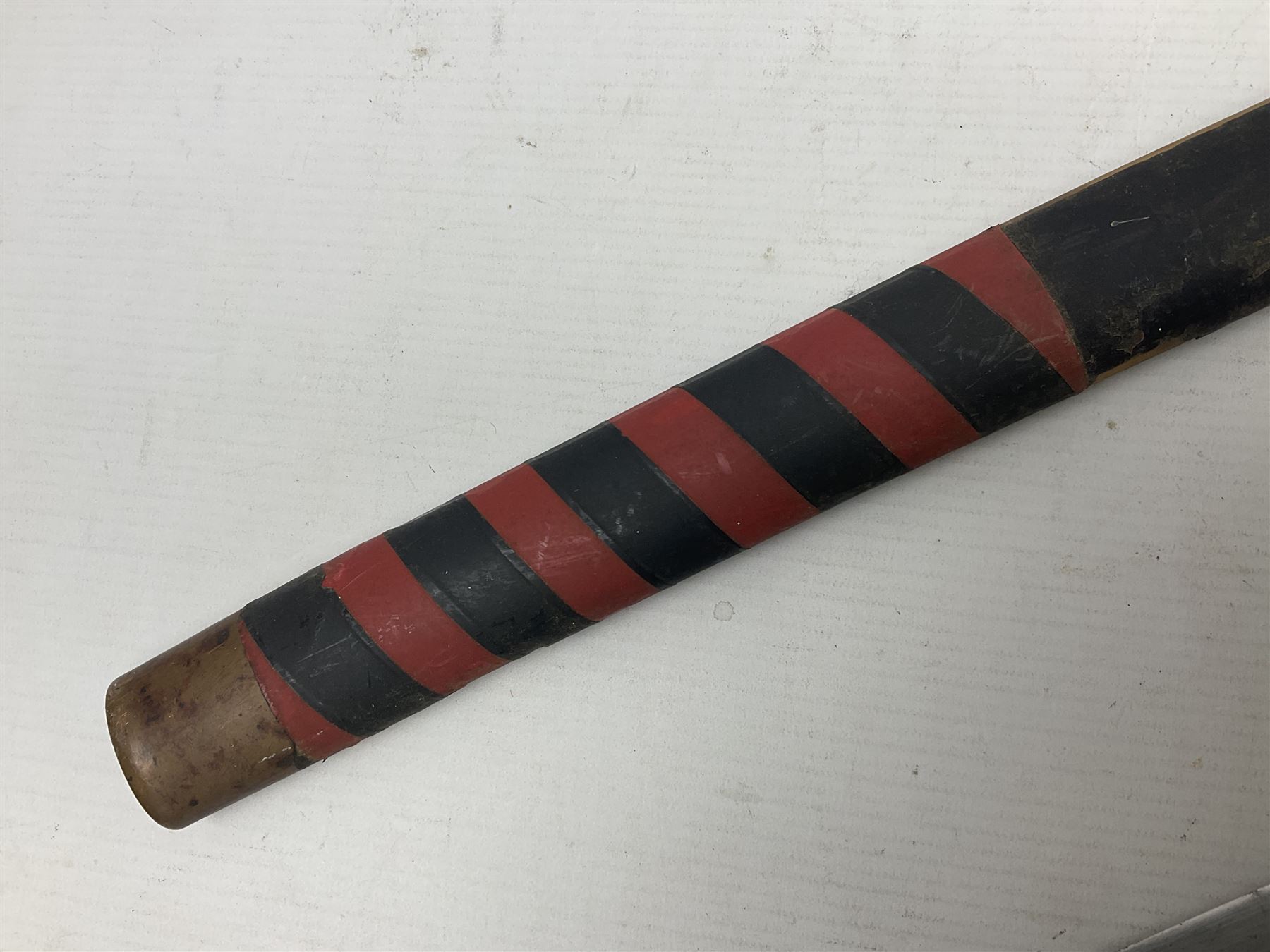 Good quality Japanese sword blade with later WWII fittings and scabbard  - 67.5cm slightly curving blade with unmarked tang, plain iron tsuba and lacquered grip with copper mounts; in lacquered wooden scabbard with tape bound tip L94cm overall