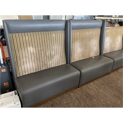Two Restaurant bar seats, upholstered in grey leather and striped fabric- LOT SUBJECT TO VAT ON THE HAMMER PRICE - To be collected by appointment from The Ambassador Hotel, 36-38 Esplanade, Scarborough YO11 2AY. ALL GOODS MUST BE REMOVED BY WEDNESDAY 15TH JUNE.