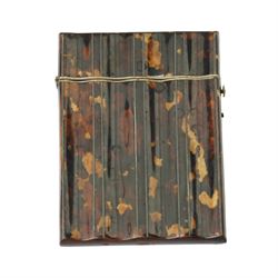 Victorian brass and black japanned microscope with accessories in original mahogany box; snuffing scissors and card case