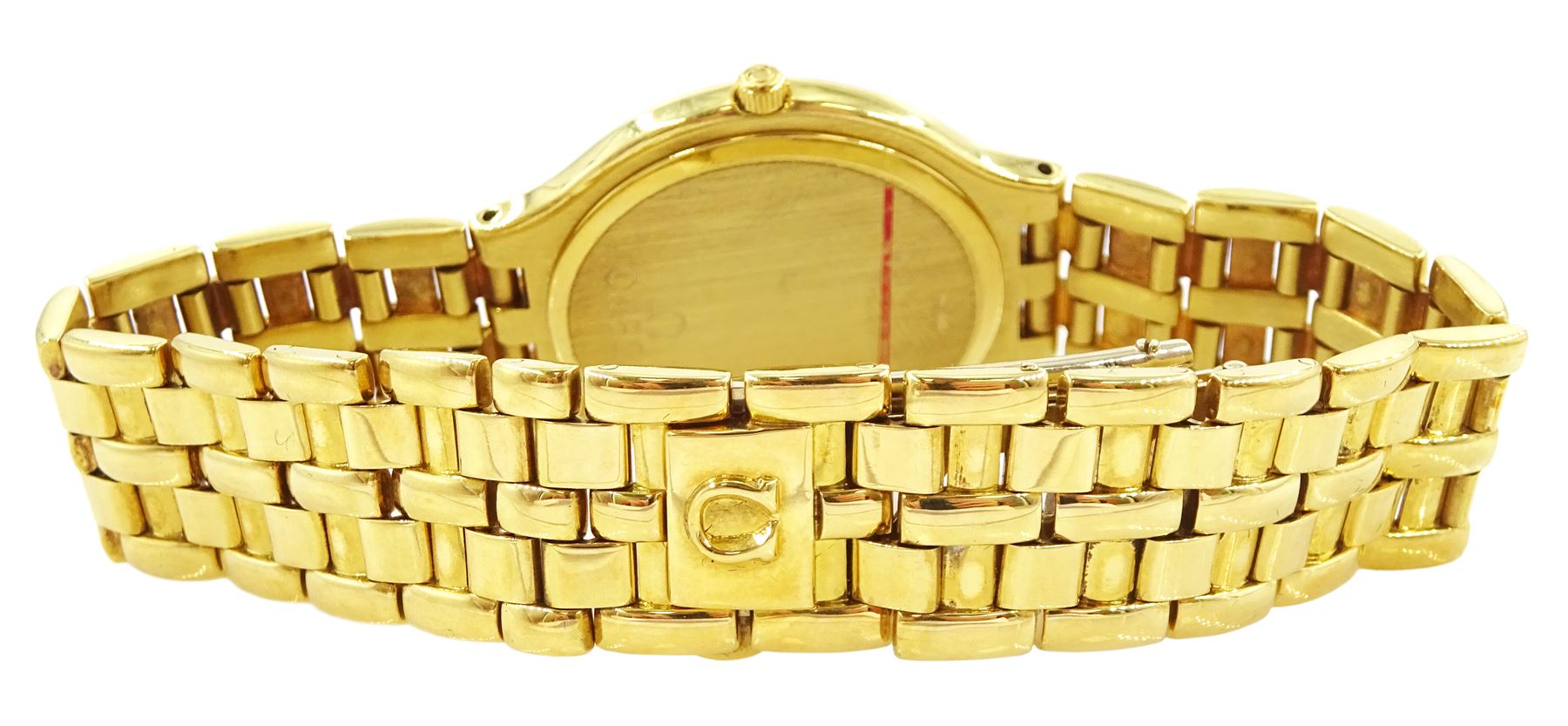 Omega gentleman's 18ct gold quartz wristwatch, Cal, 1440, sun symbol champagne dial with date aperture at 6 o'clock, on integral Omega 18ct gold bracelet strap, with fold-over clasp