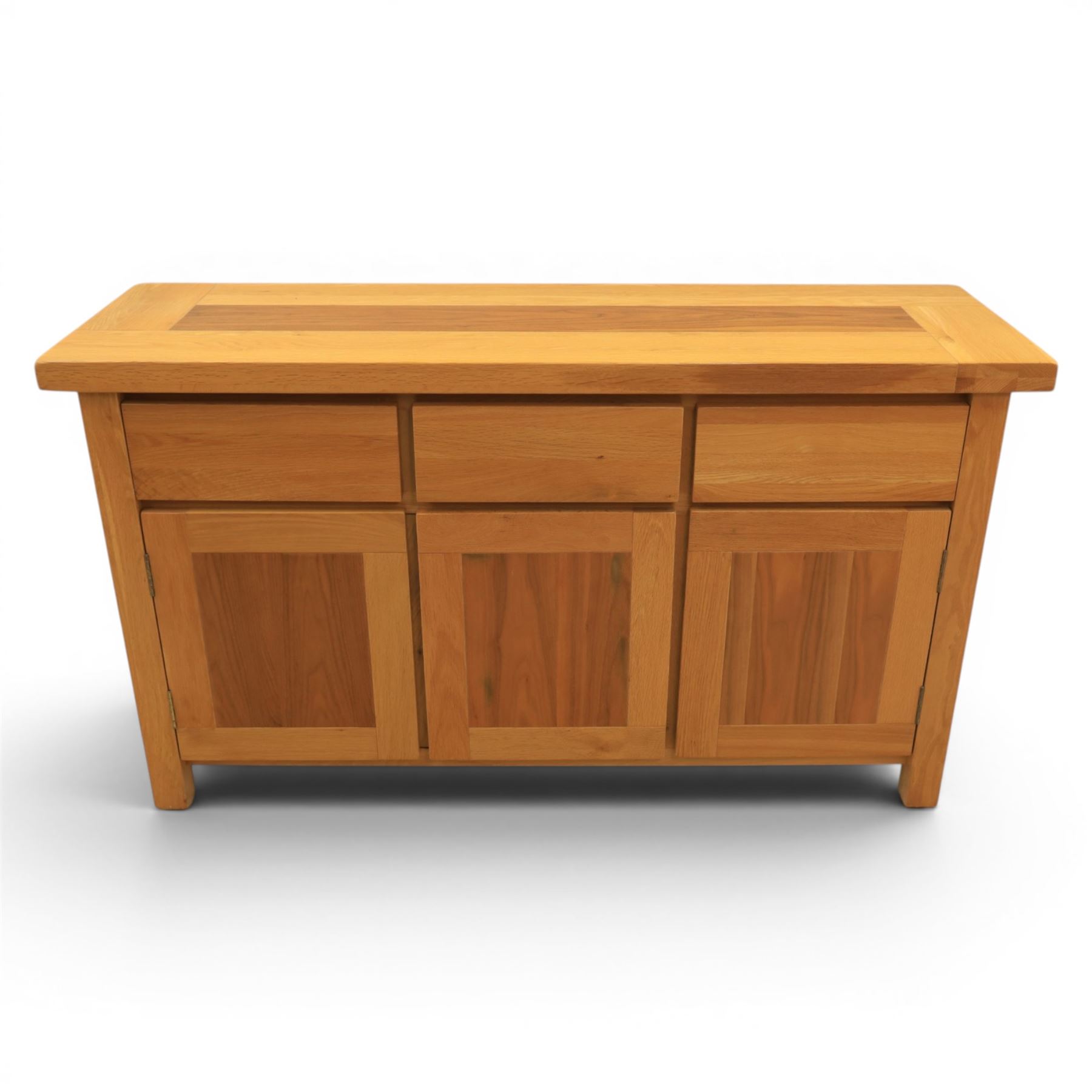 Contemporary oak sideboard, fitted with three drawers and three cupboards