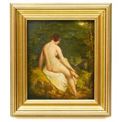 William Etty RA (York 1787-1849): The Bathing Nymph, oil on panel inscribed verso 29cm x 25cm
Provenance: from the collection of Father John O'Connor, a Bradford Roman Catholic priest and the basis for GK Chesterton's detective Father Brown. He was associated with various painters, authors and artists during his time including the likes of Eric Gill and Etty, as well as a keen interest in the antiquities. Purchased Duggleby Stephenson Country House sale 06/12/2024, £1000