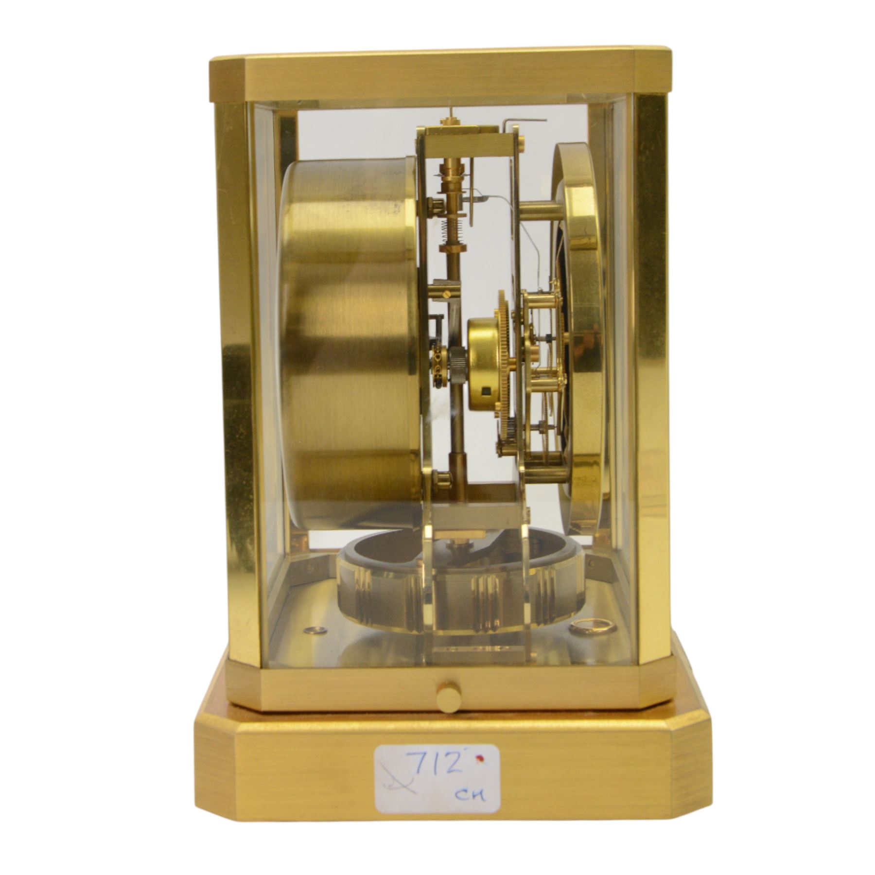 Jaeger-LeCoultre Atmos Clock - Caliber 528-6, 
gold-plated brass with glass panels, 15 jewel movement with atmospheric bellows winding motor, serial number 161881, circa 1960s, with engraved presentation plaque for W.W. Clayton, Canton Golf Club, 1964, in maker's box with instruction booklet, minute hand detached, H23.5xW21xD16cm