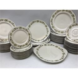 Royal Doulton tea and dinner wares decorated in the Vanity Fair pattern, to include twelve dinner plates, twelve side plates, eleven bowls, three lidded tureens, ten teacups, sauceboat on stand etc, together with boxed Royal Worcester plate, six Royal Worcester ramekins etc