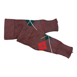 Set of mid 20th century bagpipes, with McLeod chanter, Royal Stuart cover, tassels, ribbons and spare accessories, contained within a wooden carry case, together with a Scarborough Highland Pipe Band uniform, comprising black highland dress jacket, Royal Stuart kilt, Glen Garry hat, Swinging Six sporren, Sgian Dubh knife, piper's dirk with knife and fork, etc