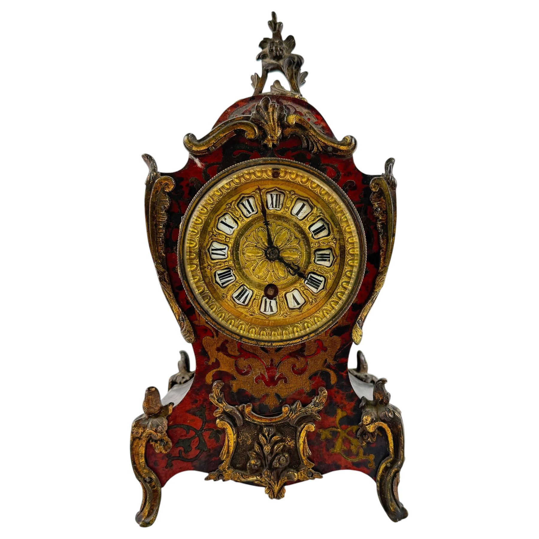 19th century French Boulle cartouche shaped mantel clock, H31cm