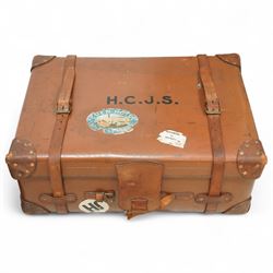Two late 19th/early 20th century leather travelling 'Ideal' trunks, each stamped and engraved to brass locks F. Best & Co, various travel labels to include the Grand Hotel Naples, Grand Hotel Bellevue, Excelsior Palace Palermo, Waterloo etc, larger suitcase W93cm H32cm D58cm
