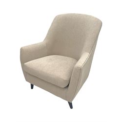 Contemporary tub armchair upholstered in beige fabric