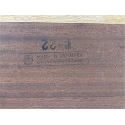 Oluf Theodore Larsen for NMB - mid-20th century teak extending dining table with two additional leaves, on splayed supports (261cm x 95cm x 73cm), and set four (2+2) mid-20th century teak dining chairs with high vertical slatted back on tapered supports (54cm x 51cm x 99cm)