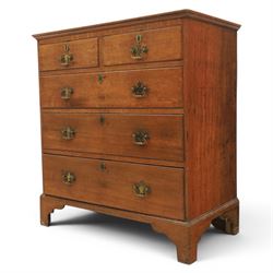18th century oak chest, moulded rectangular top, above two short over three long graduating drawers, fitted with pierced brass escutcheons and swan neck handles, on bracket feet 