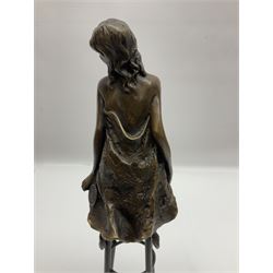 Art Deco style bronze, modelled as a semi naked female figure seated upon a chair. H27cm.

Created in the style of French Artist, Pierre Collinet, who was recognised for his bronze sculptures. This figure echoes the style and tone of Collinet's work and is attractive to behold. It would make for a lovely decorative addition to any home, modern or traditional. 