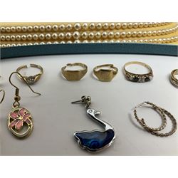 Two gold signet rings and a sapphire, opal and diamond ring, single stone diamond ring, pair of gold stone set earrings and other gold earrings, all 9ct stamped or hallmarked, silver earrings and other costume jewellery