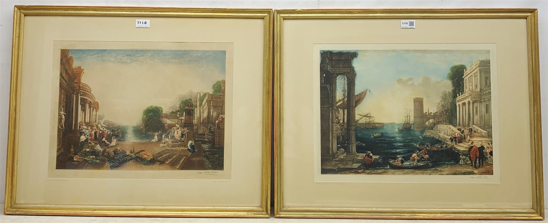  John Cother Webb after J M W Turner and Claude Gelee: 'The Decline of Carthage' and 'The Embarkation of the Queen of Sheba', pair limited edition mezzotints signed in pencil with blind stamps pub. 1922, 37cm x 49cm (2)