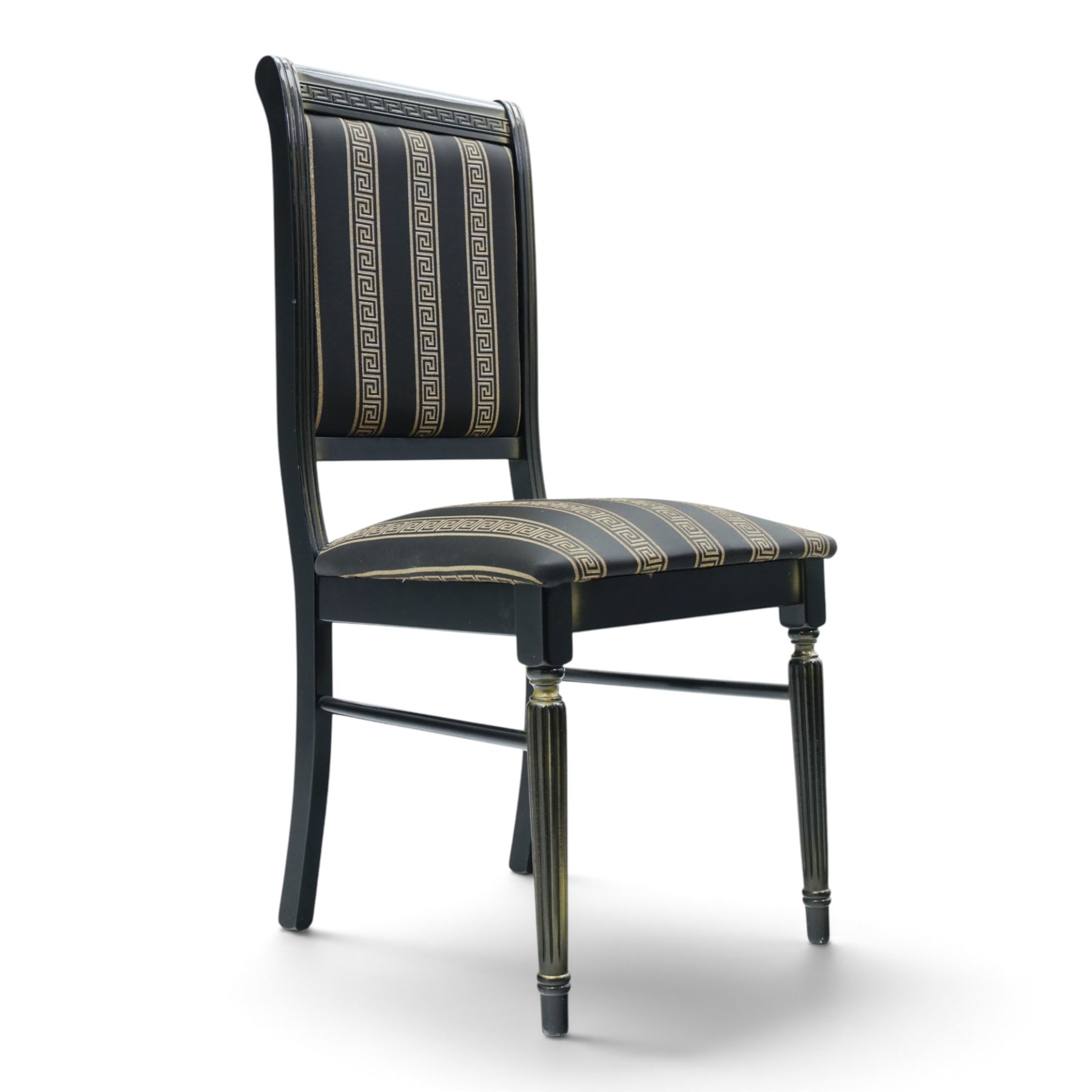 Italian Neoclassical inspired ebonised gloss dining table with four matching chairs,  circular top with additional leaf (Extends to  145cm) with Greek key banding, on a shaped pedestal base with gilt highlights and stepped plinth, the chairs en suite with padded back and seat with Greek key, reeded front supports