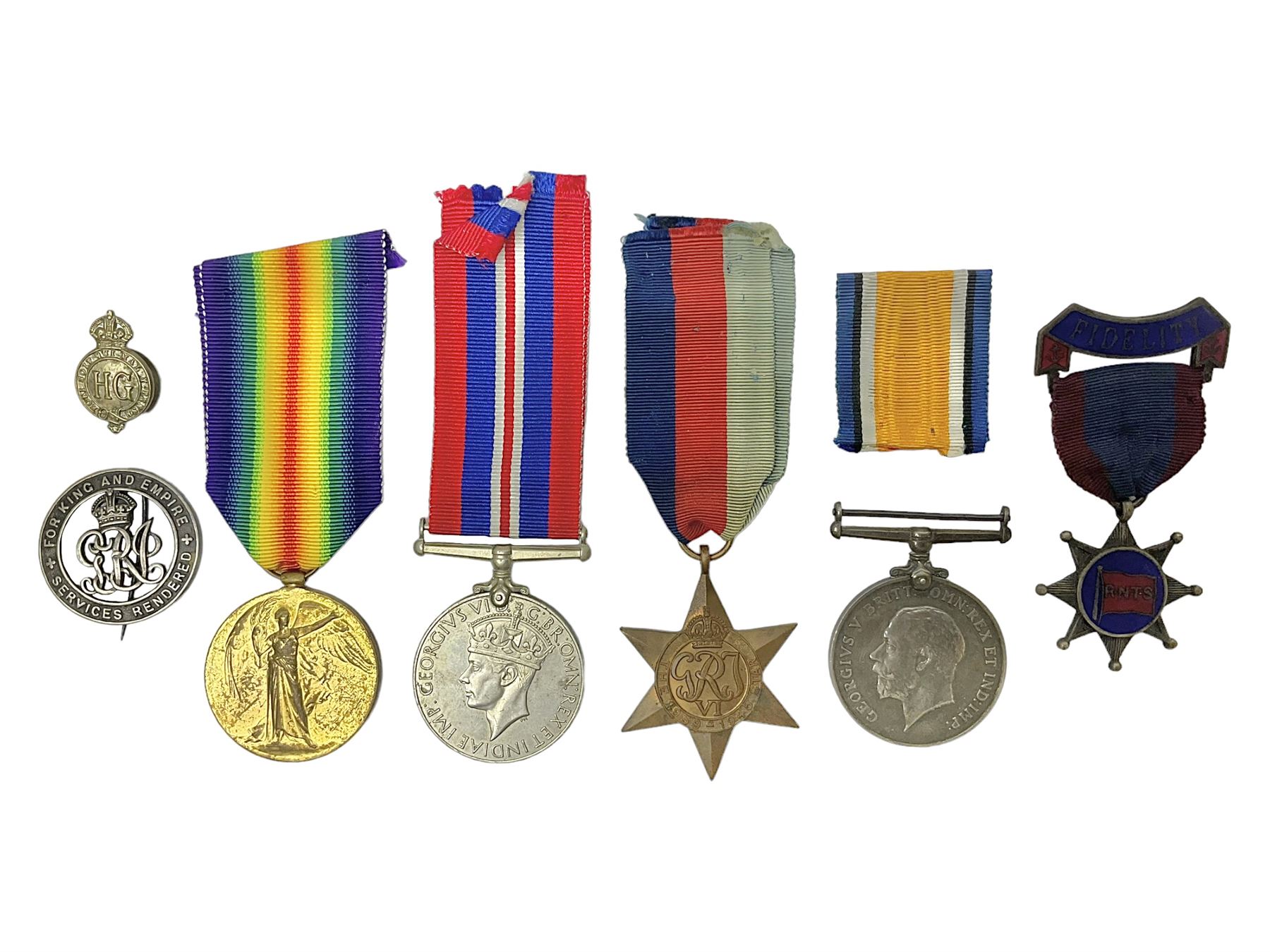 WW1 British War Medal awarded to 28885 Pte. A. Hey R. War. R.; WWI Victory Medal awarded to 7633 Pte. E. Edwards L'Pool R.; two WWII medals; Royal Navy Temperance Society Medal; Services Rendered badge No.B55177; and Home Guard lapel badge