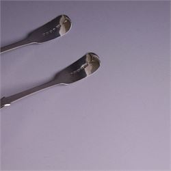 Pair of William IV silver Fiddle pattern spoons, comprising ladle and sifting spoon, each with presentation engravings to terminal, hallmarked William Rawlings Sobey, Exeter 1836