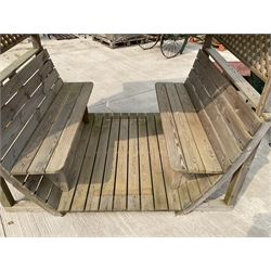 Large wood slatted garden seat with canopy, lattice sides