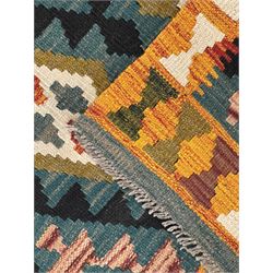 Afghan Maimana Kilim flatweave runner, handwoven with a teal ground featuring a bold multicoloured diamond-lattice design, enclosed by stylised border motifs, finished with fringed edge
