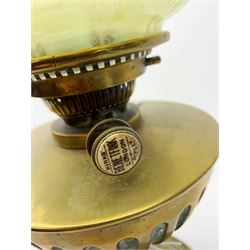 A Victorian Hinks' London Benetfink Duplex brass oil lamp, with frilled Vaseline glass shade and clear chimney, overall H56cm.