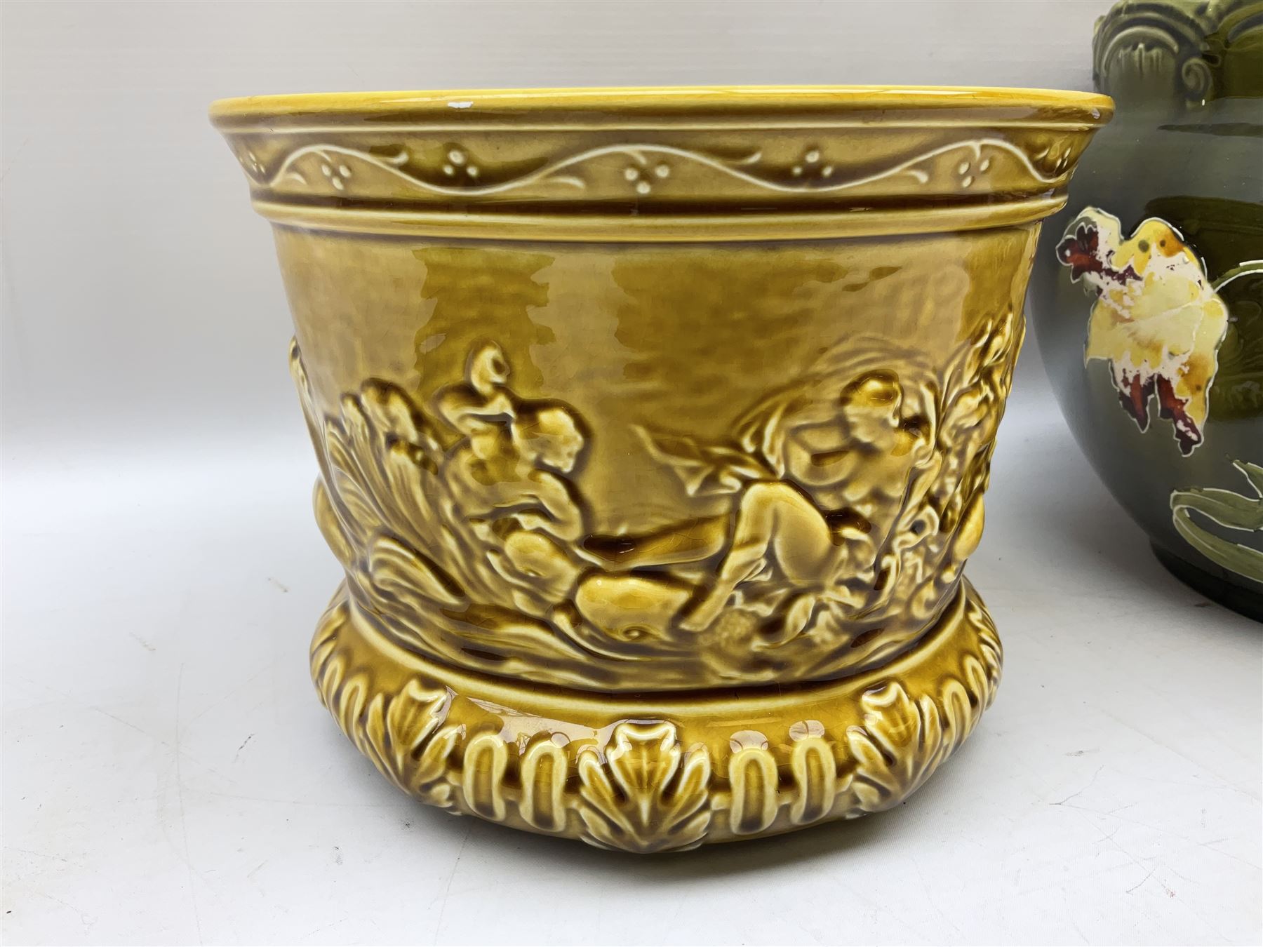 Wedgwood majolica comport, moulded with basket weave and foliage decoration, together with Imperial & Bonn and Sylvac jardinières, sylvac H18cm