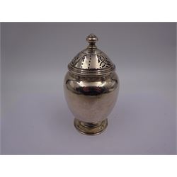 Early 20th century silver sugar caster, of urn form, with removable pierced cover, with band of repousse decoration to rim, upon stepped circular foot, hallmarked Mappin & Webb Ltd, Birmingham 1913, H13.5cm