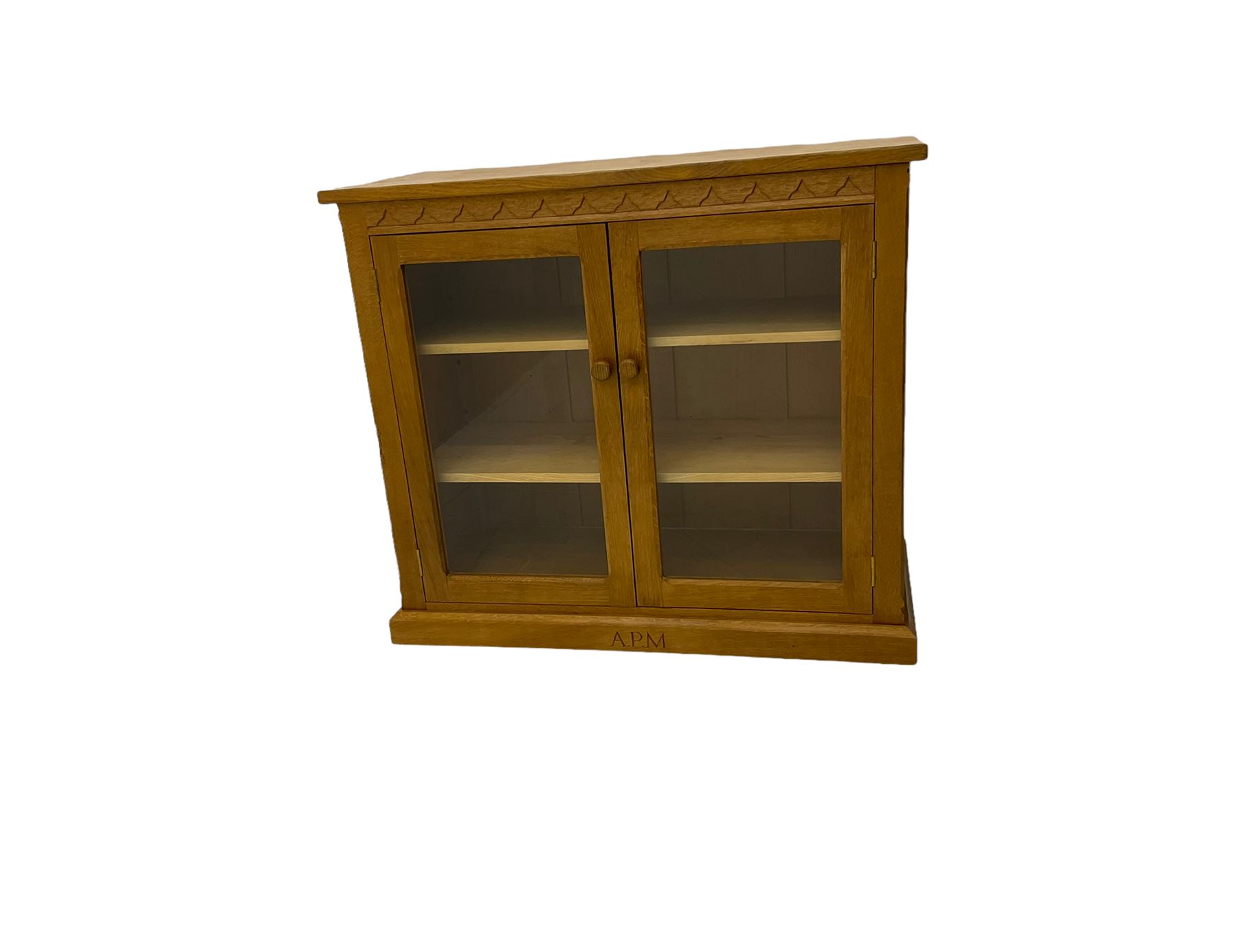 Catman - Yorkshire oak side cabinet, fitted with two glass doors, carved inset Cat signature, by Chris Checksfield of Whitby (Ex Gnomeman)