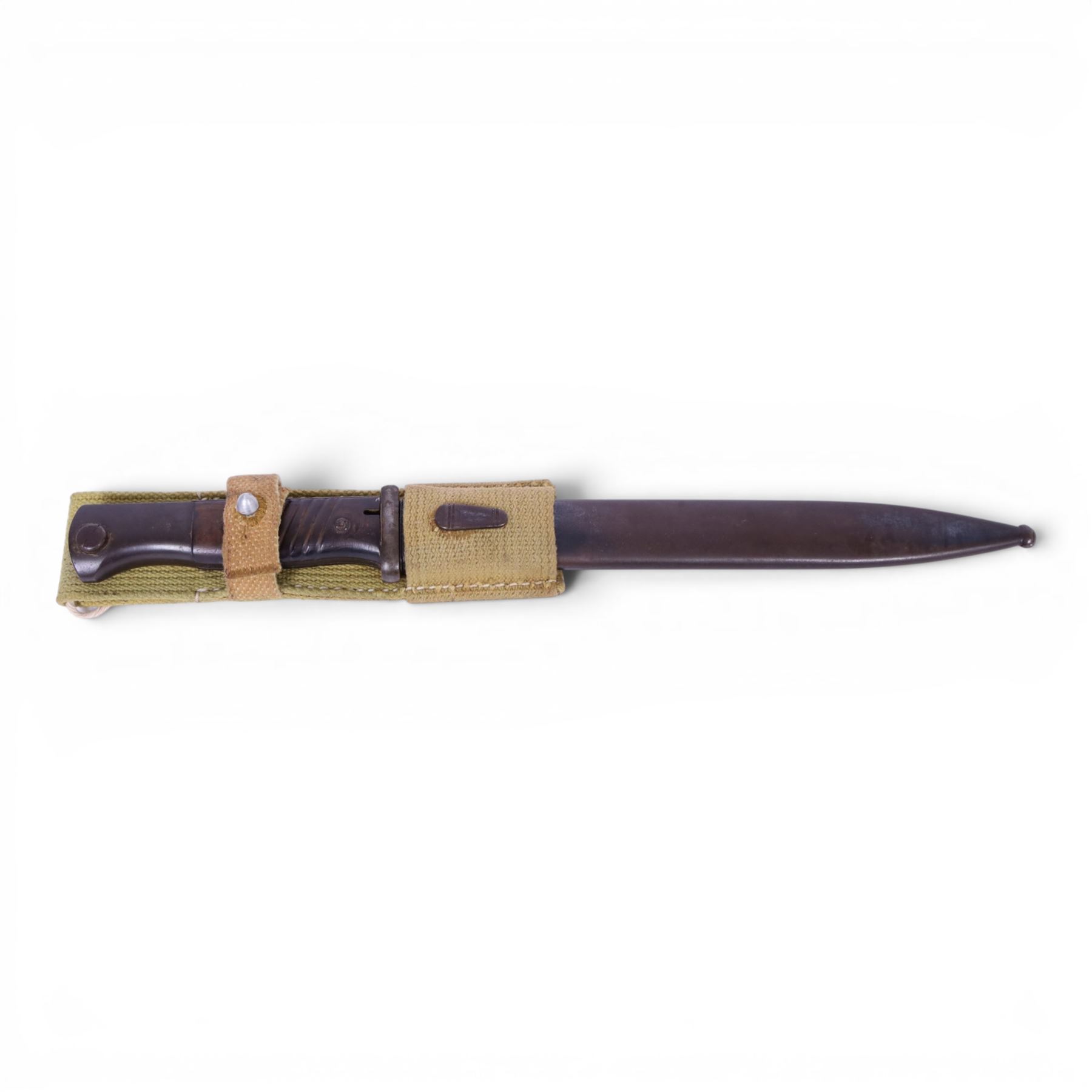 WWII German Third Reich K-98 bayonet North African Corps, marked 42ffe, 6026 to the  ricasso, in steel scabbard and webbing frog, L42cm