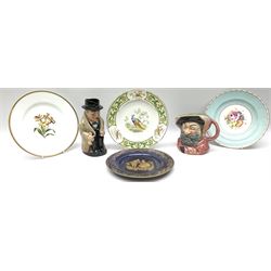 Royal Doulton toby jug of Winston Churchill H23cm and large character jug of Falstaff; together with four collector's plates by Royal Crown Derby, Royal Worcester and Limoges (6)