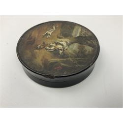 19th century papier-mâché box, of circular form, the lid painted with a hunting scene, D10cm
