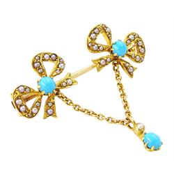 Edwardian 15ct gold turquoise and pearl double bow brooch, suspending a further turquoise and seed pearl, in velvet and silk lined case