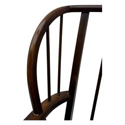 Joynson Holland - pair of mid-20th century stained beech framed easy chairs, shaped back and flat armrests over floral tapestry cushioned seat and back, on splayed supports united by stretcher