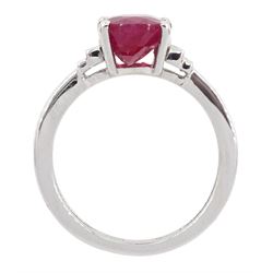 18ct gold oval ruby and baguette diamond ring, stamped 750, ruby approx 2.25 carat