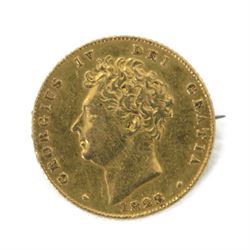 George IV 1828 gold half sovereign coin, mounted as a brooch (soldered)