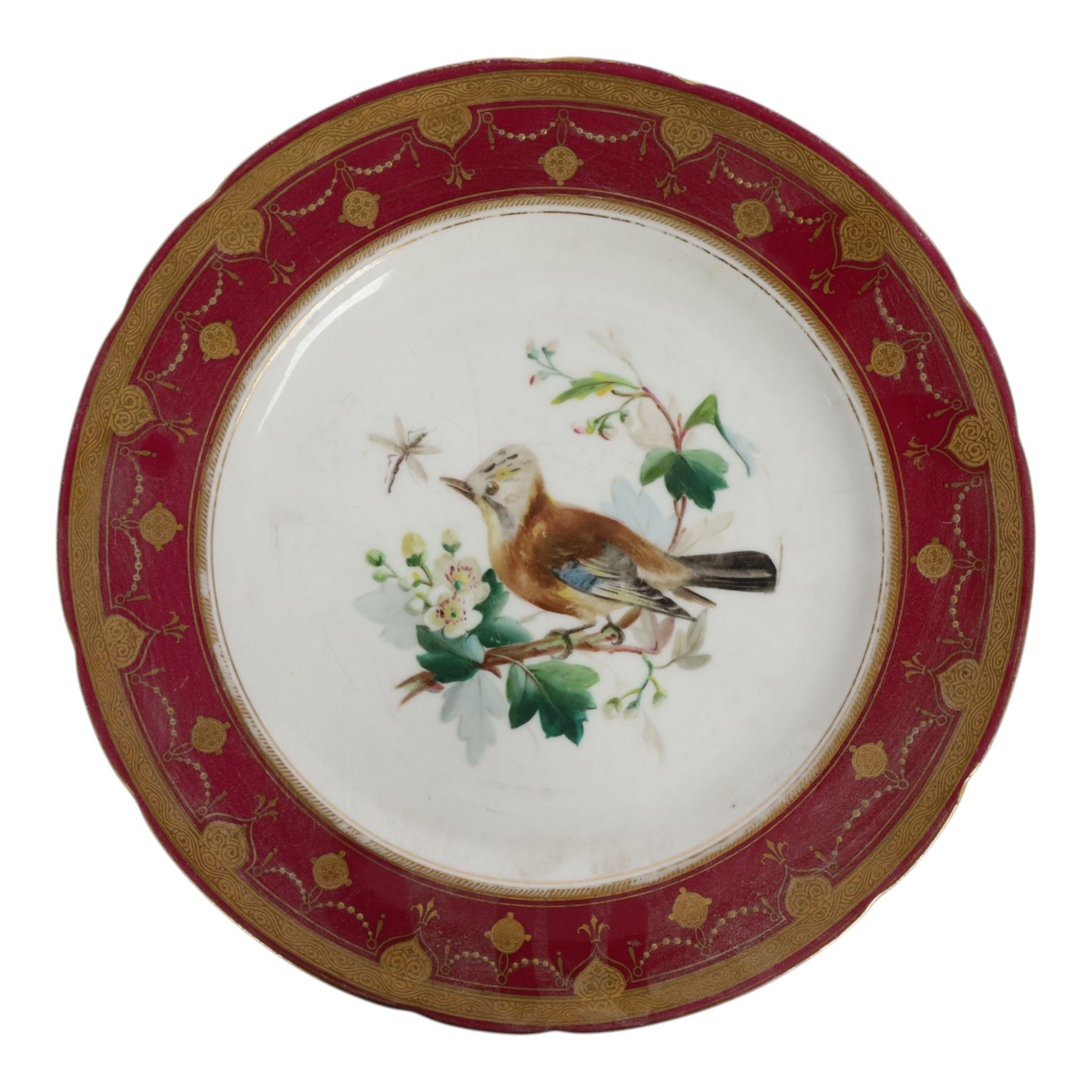 19th century Minton dessert plates, five decorated with a central ornithological study and four decorated with butterflied, each with within a red  and gilt board
