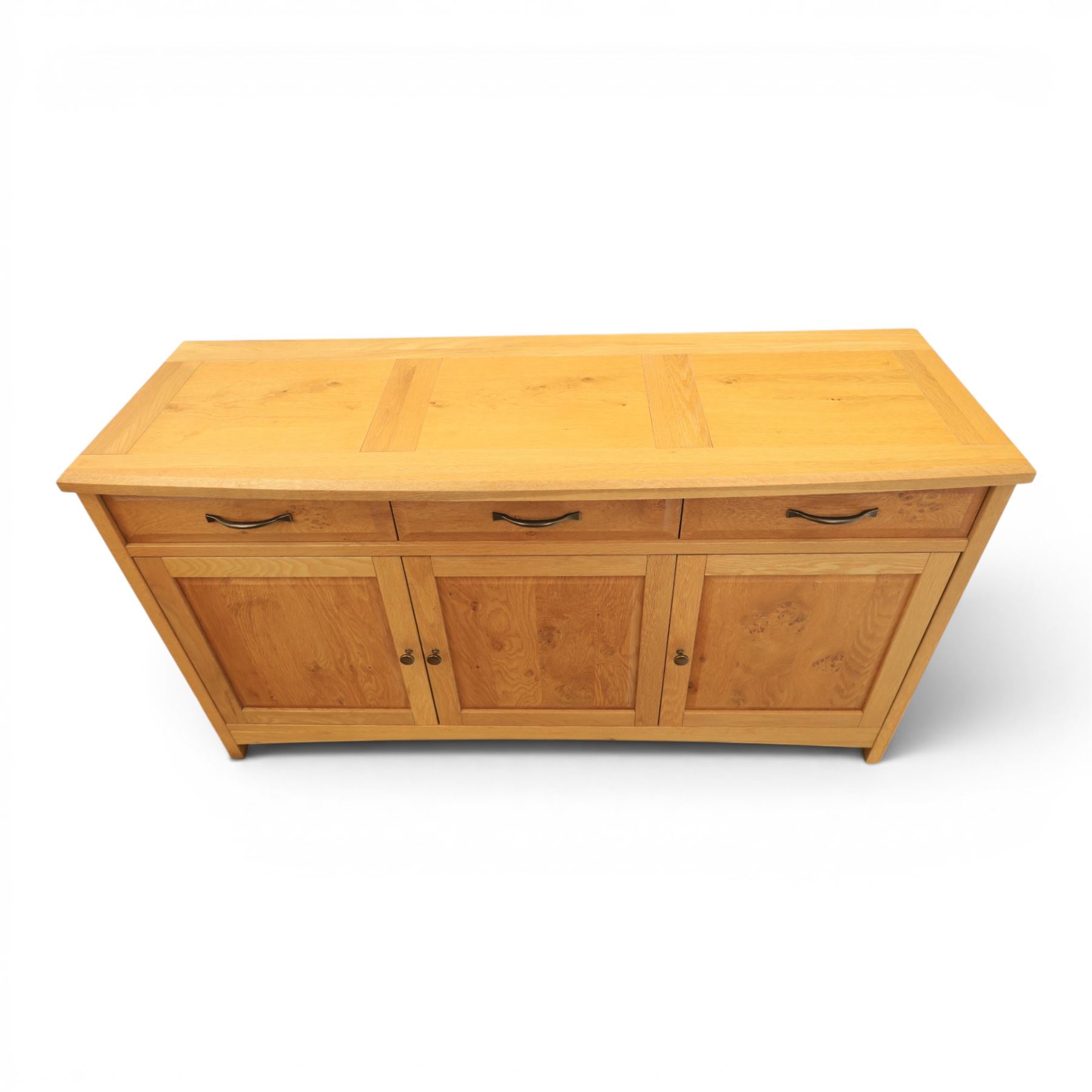 Contemporary light oak sideboard, three cupboards and three soft close drawers