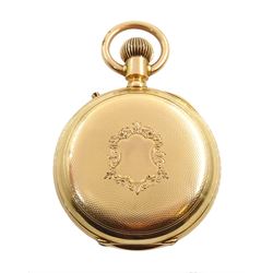 Swiss 18ct gold open face keyless lever chronograph pocket watch, case No. 7967, skeleton dust cover, chronograph operated by pendant, white enamel dial with Roman hours and outer Arabic minute ring and subsidiary seconds dial, engine turned back case with cartouche, hallmarked