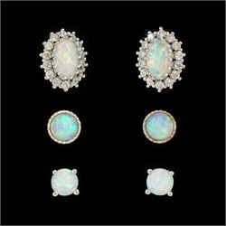 Pair of silver opal and cubic zirconia stud earrings and two other pairs of silver opal stud earrings