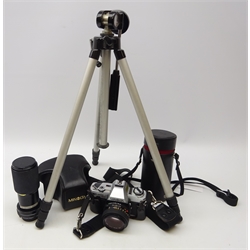  Minolta X-300 camera with 50mm 1:1.7 lens, Vivitar 70-210mm 1:4.5 lens & Topman E3 tripod  