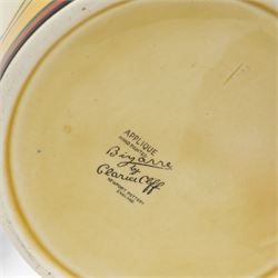 Clarice Cliff Bizarre 'Gayday' pattern bowl, D18cm; and rare 'Applique' pattern biscuit barrel, c1930, decorated with an orange tree and a caravan beside a river, H13cm, each with printed marks to base (2)
