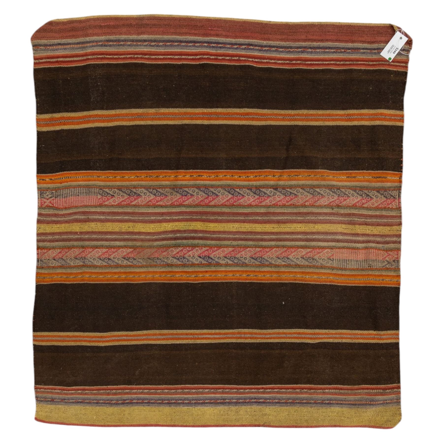 Flatwoven wool rug, with horizontal bands in dark brown, rust, ochre and muted red tones, detailed with narrow geometric patterned stripes across the field