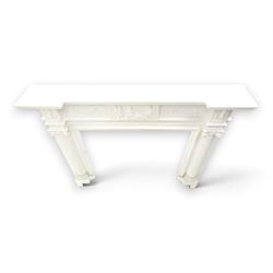 Large Adam's design white painted Neoclassical fire surround, the frieze moulded with goddess and cherubic motifs with bellflower festoons, egg-and-dart moulded inner slip flanked by Ionic capitals on classical columns