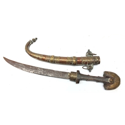  Indian Jambiya type knife, 24cm single edge curved steel blade, shaped hardwood grip with scratch carved detail and brass capped pommel, in brass & copper scabbard, L41cm   