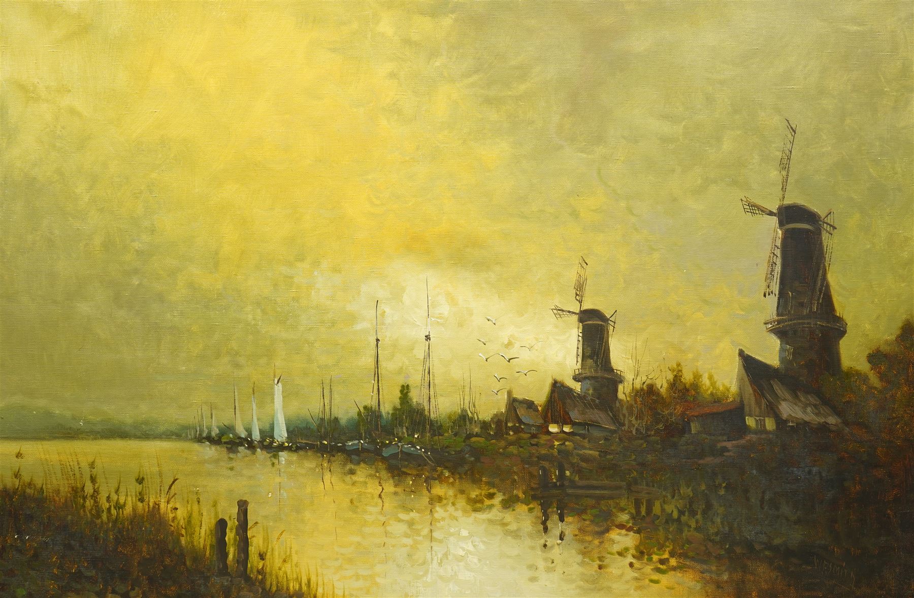 W E Smith (Continental 20th century): Dutch Windmills on the Riverside, oil on canvas signed 60cm x 90cm