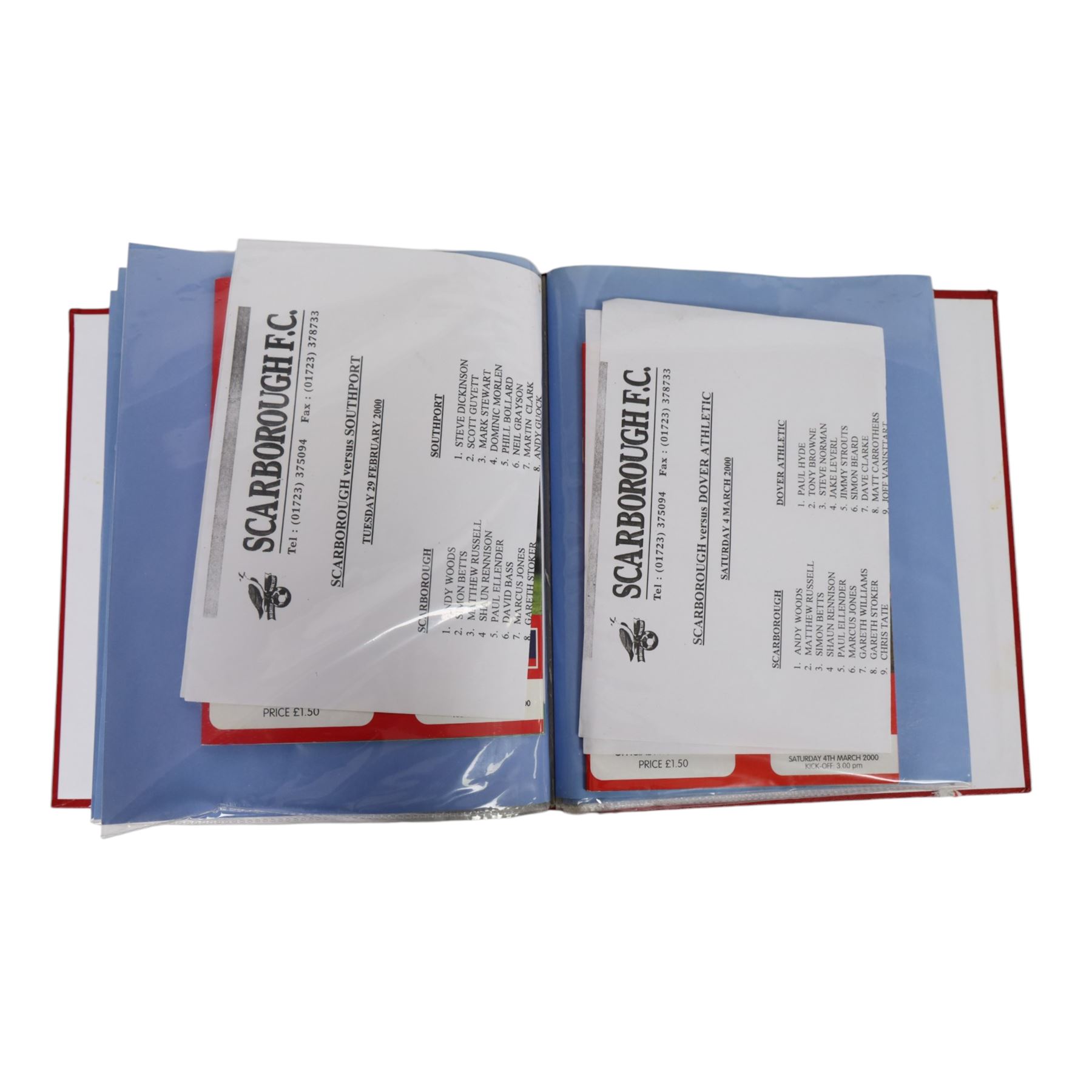Comprehensive collection of approximately two hundred and twenty Scarborough FC football programmes for the 1999/00, 2000/01, 2001/02 and 2002/03 seasons, all filed within eight dedicated Scarborough FC red Home and Away binders