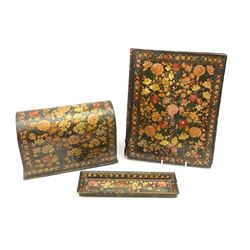 19th century Kashmiri lacquered papier-mache desk set comprising a domed stationery box, a blotter and pen tray
