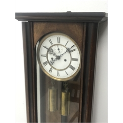 Late 19th century walnut and beech cased Vienna style wall clock, circular enamel Roman dial with subsidiary seconds dial, double weight driven movement striking on coil, H99cm (with two weights and pendulum)